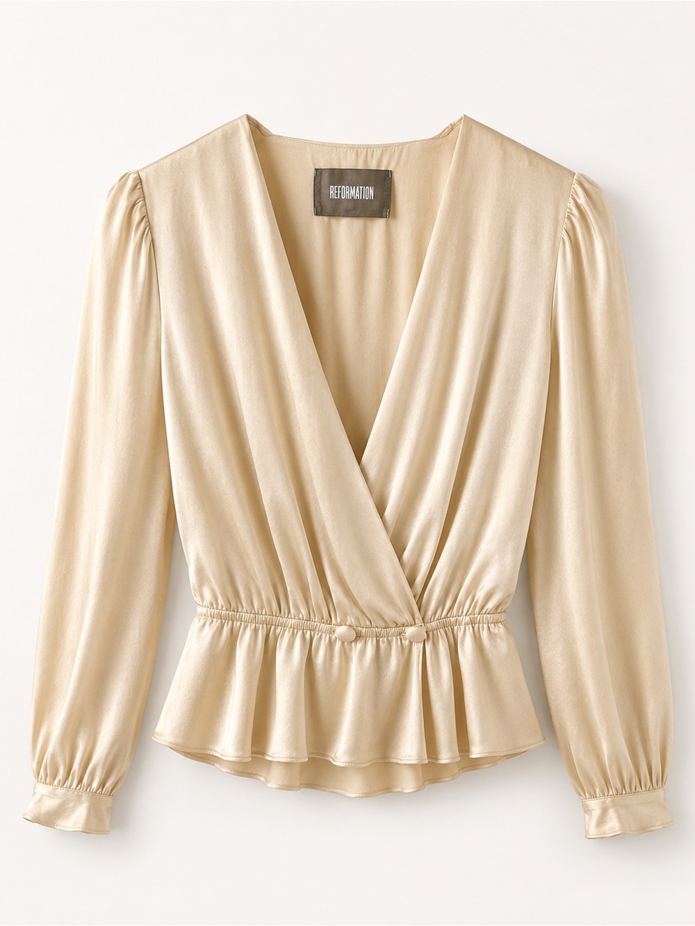 Reformation Champagne Satin Wrap Dress with Peplum Waist